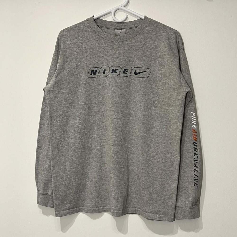 Vintage Nike Gray Long Sleeve T-Shirt Box Logo Size XL Wmn
